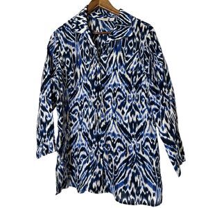 Chico's Blue White Pattern Linen Button Up Tunic Top Womens Sz M Beachy Coastal